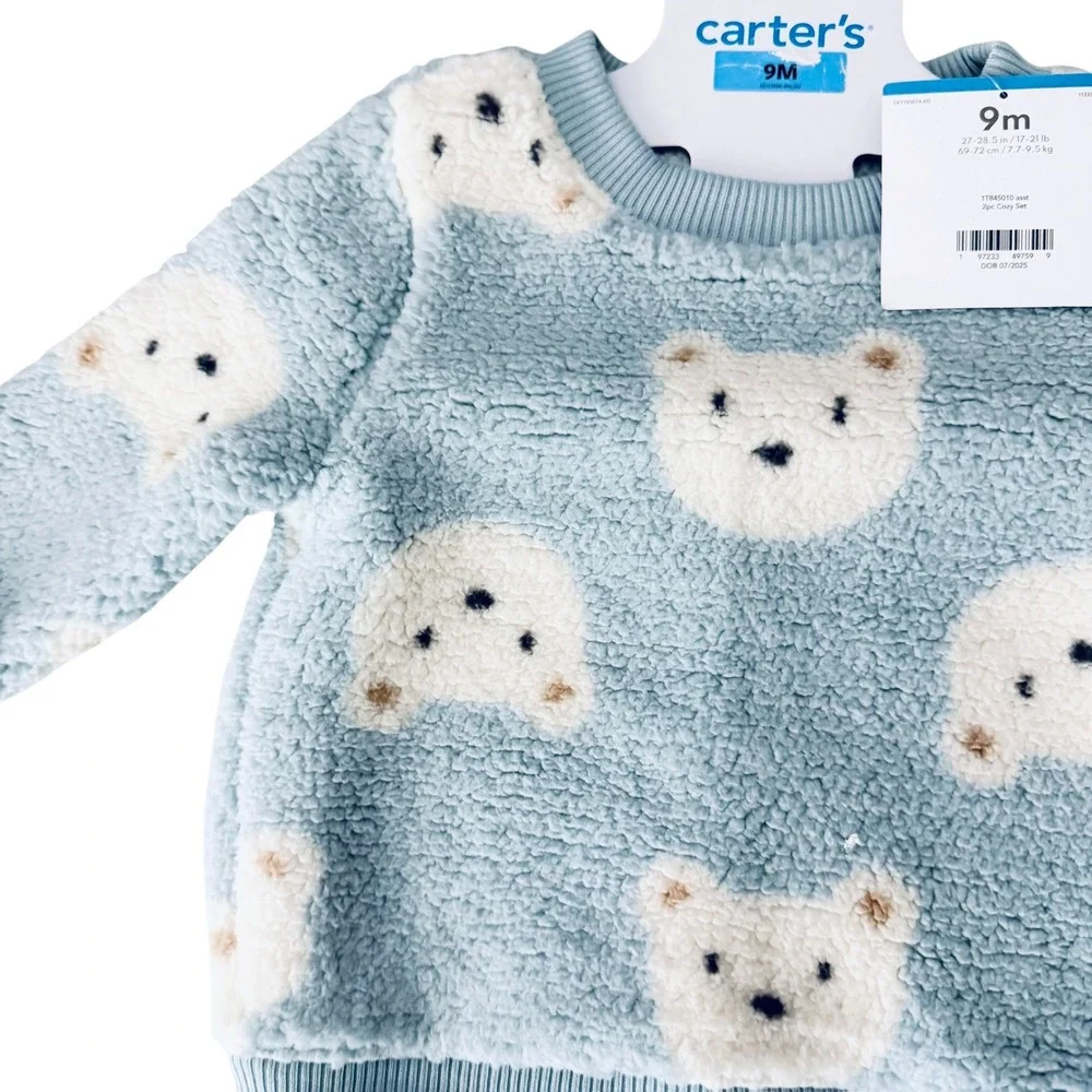 Carter's 2pc Cozy Set Kids 9M Blue New Sherpa Polar Bear Fleece Striped Pants